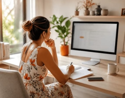 Mulher, cliente Itaú, sentada em sua casa, na frente de um computador.