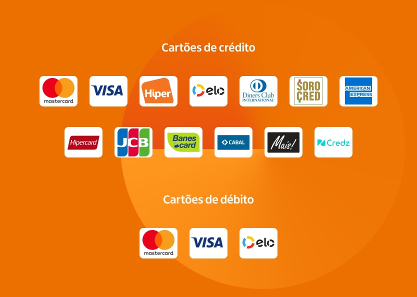 Imagem com logo das bandeiras aceitas no e.Rede. Lê-se: "Cartões de crédito: Mastercard, Visa, Hiper, Elo, Diners Club, JCB, Soro Cred, American Express, Hipercard, Banes Crad, Credz, Cabal e Mais!." "Cartões de débito: Mastercard e Visa".